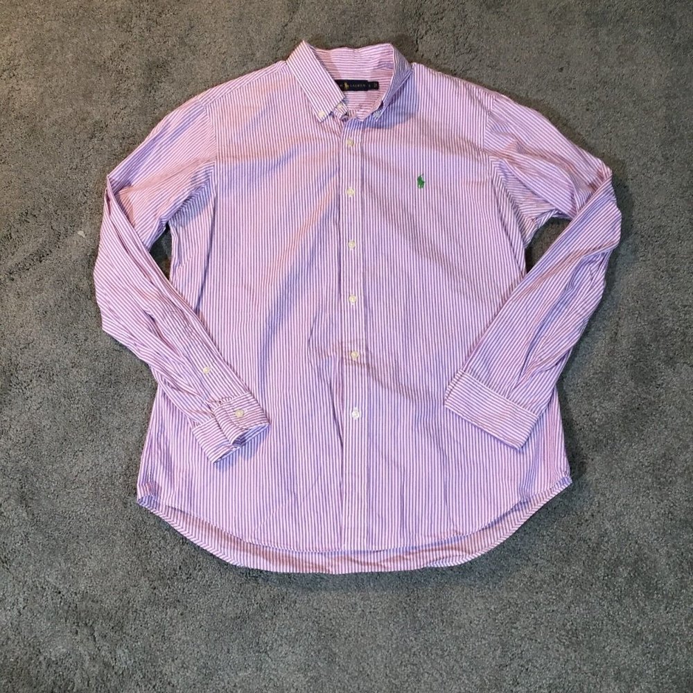 Ralph Lauren Button Up Shirt Mens Large Purple Striped Cotton Casual Pony Cotton